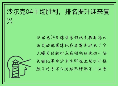 沙尔克04主场胜利，排名提升迎来复兴